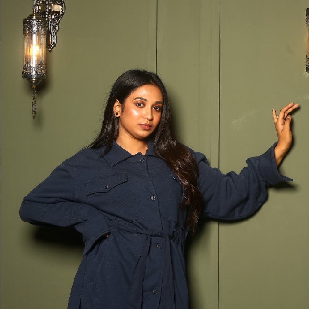 Blue Trench Coat with Relaxed Fit and Voluminous Sleeves